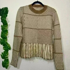 Houndstooth Fringe Sweater Cream Brown